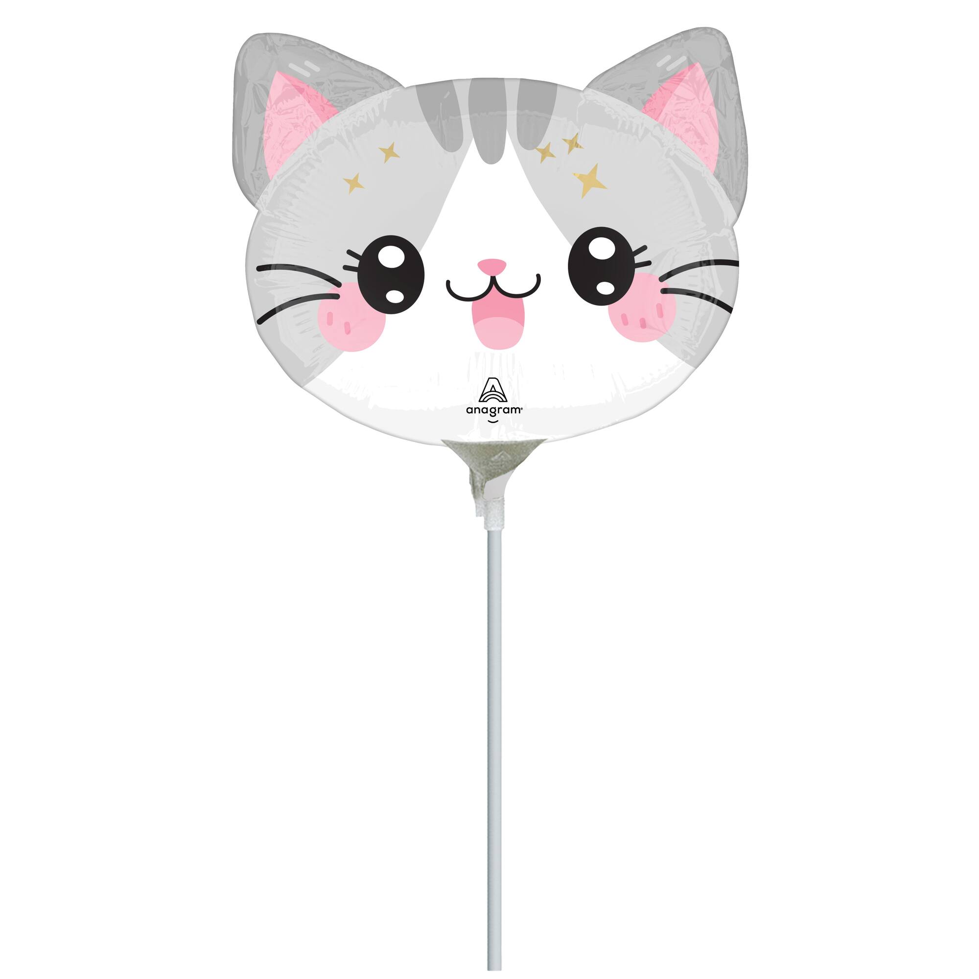 14" Pink & White Kawaii Kitty Foil Stick Balloon